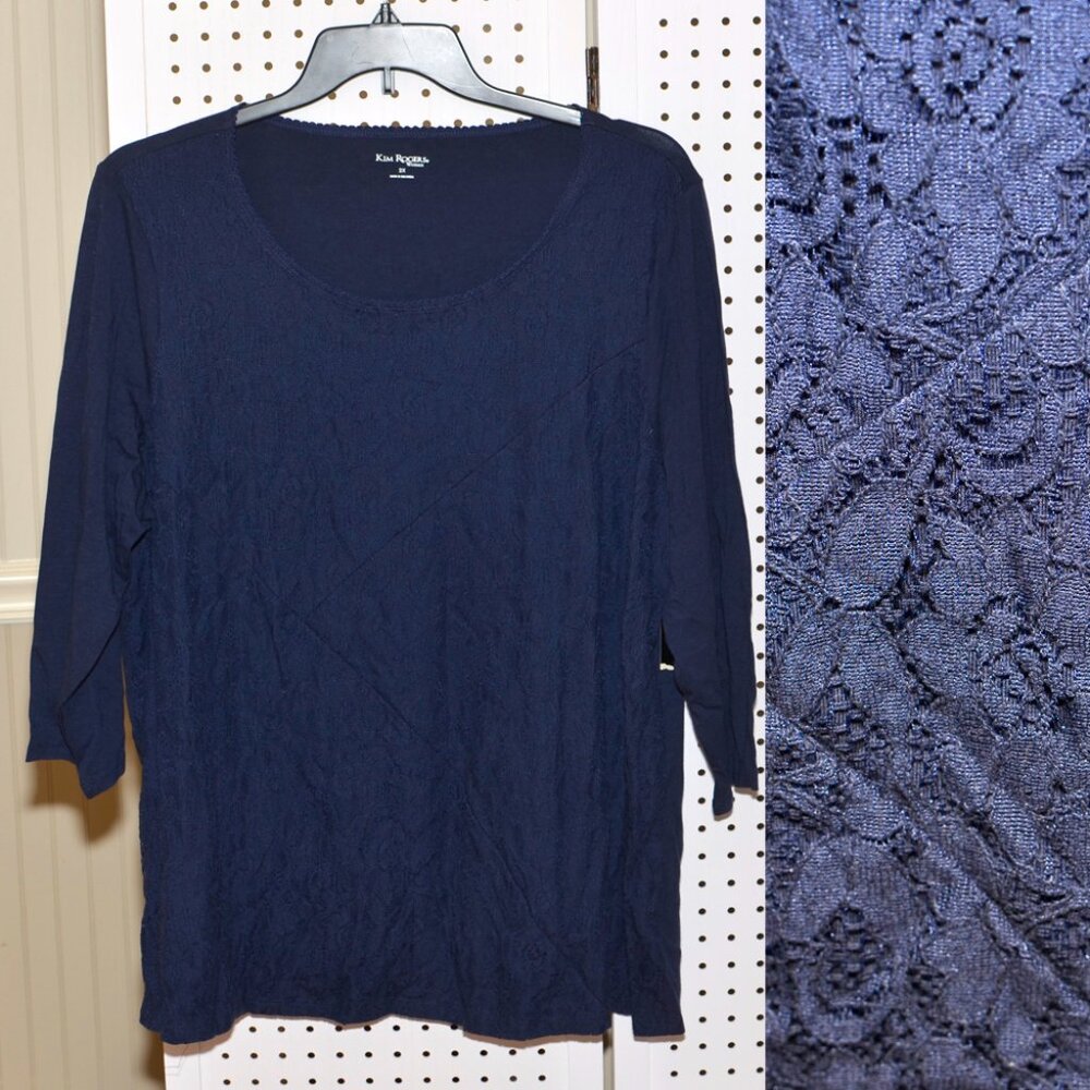 Plus Size 2X Kim Rogers Navy Blue Lace Front Modest 3/4 Sleeves Top NWT